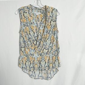 Liz Claiborne Blue Yellow Dot Ruffled V-Neck Top M